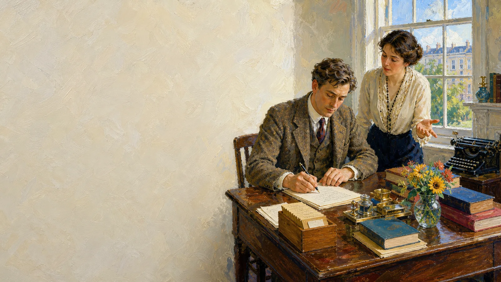 An author thinking through a story in conversation and writing at a desk in a 1920s British study