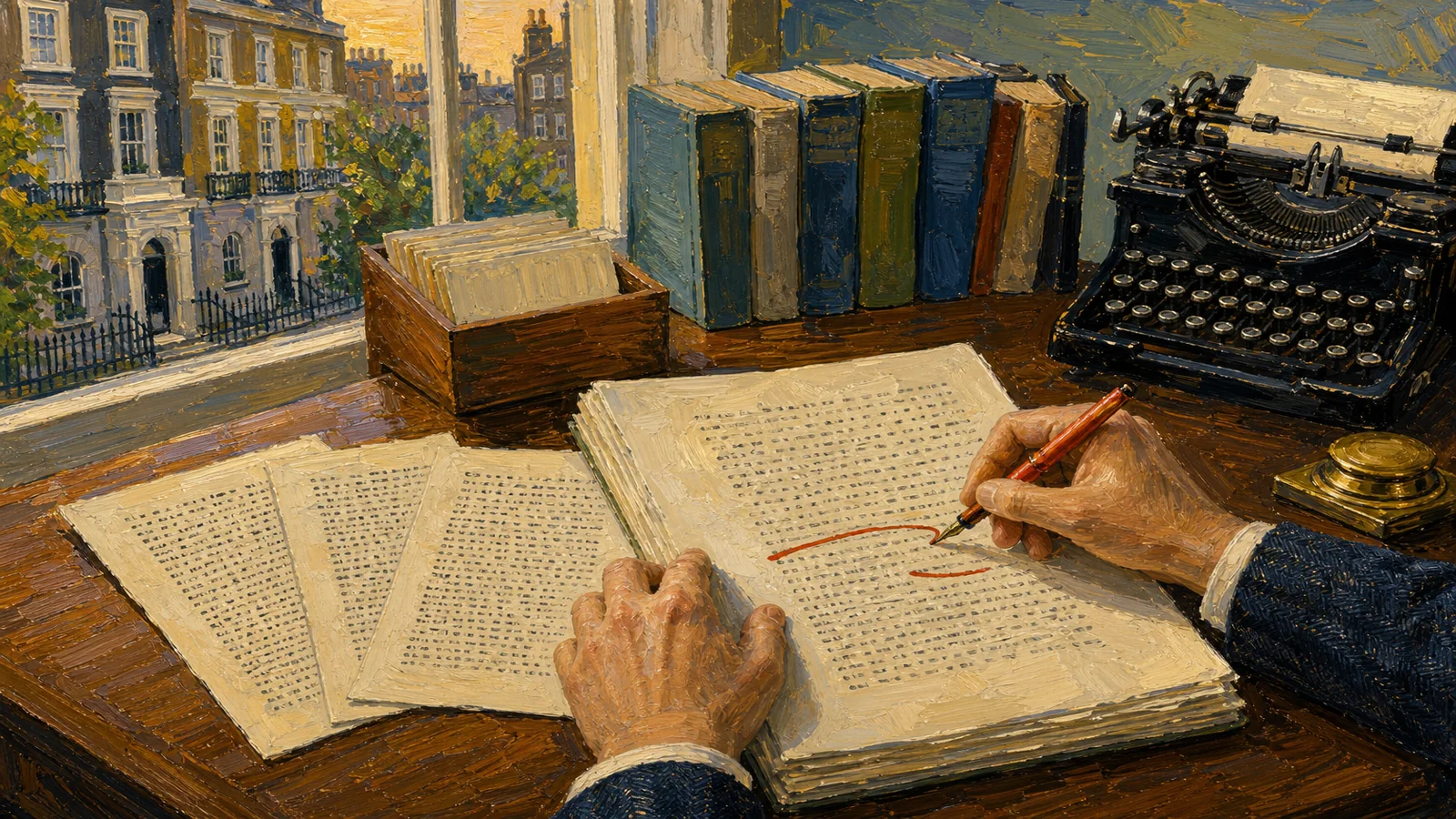An author comparing several passages and marking decisions on a manuscript with a coral fountain pen