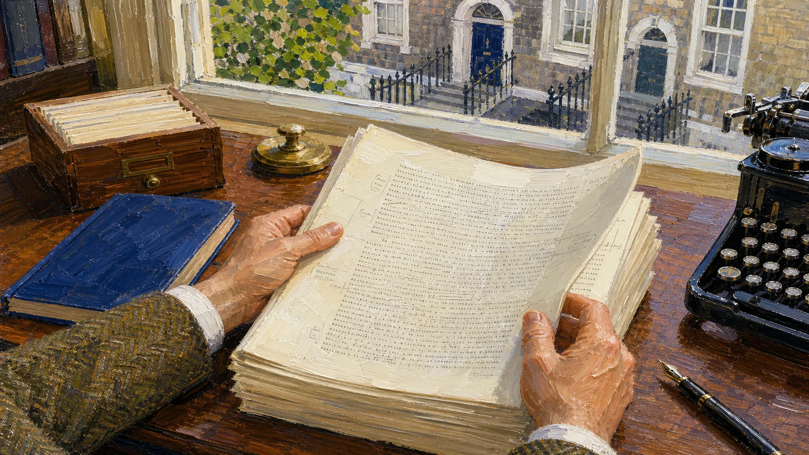 An author reviewing a thick, annotated manuscript beside notebooks and index cards