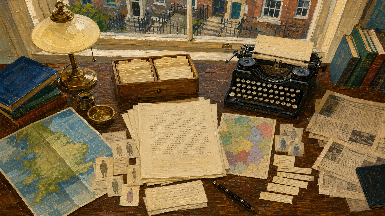 A novel draft under revision, character notes, a map, timeline cards, and research spread across one desk