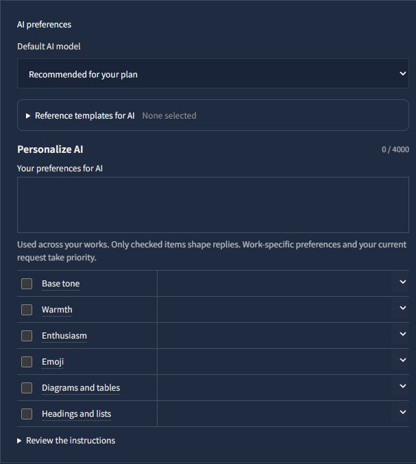 AI preferences on the web, with a free-text field and optional controls for base tone, warmth, enthusiasm, emoji, diagrams and tables, and headings and lists.