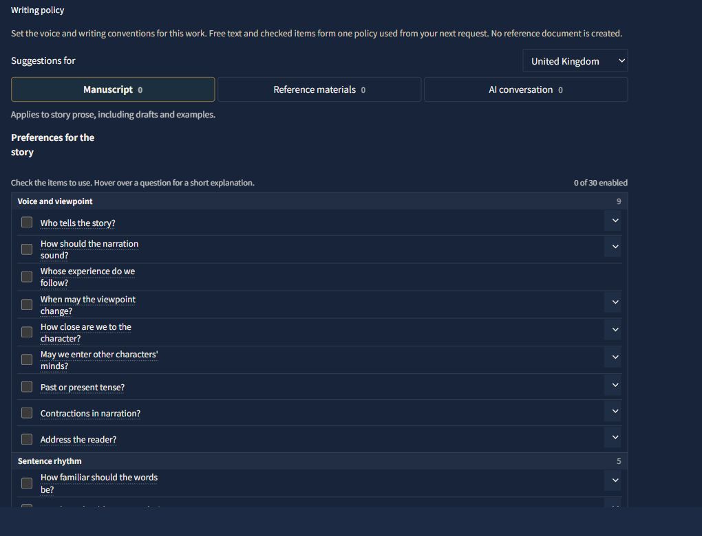 Writing policy settings for an English-language project, with United Kingdom selected under Suggestions for and optional questions about voice and viewpoint.