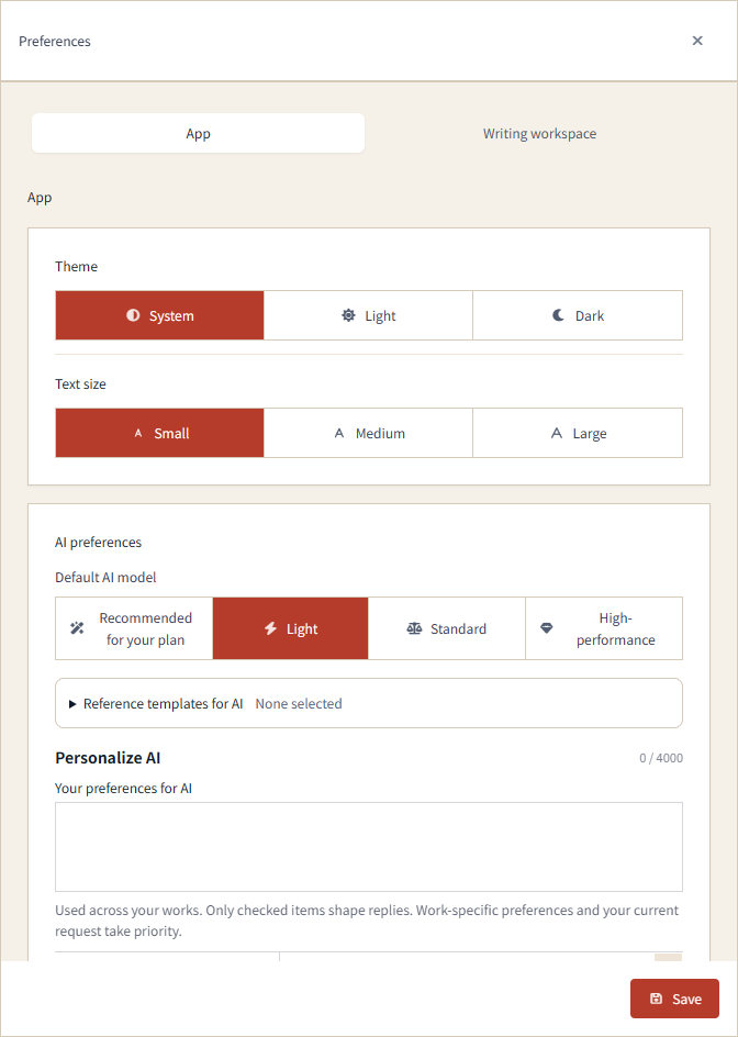 The App tab in Web preferences, with side-by-side choices for theme, text size and default AI model, and a Save button at the bottom.