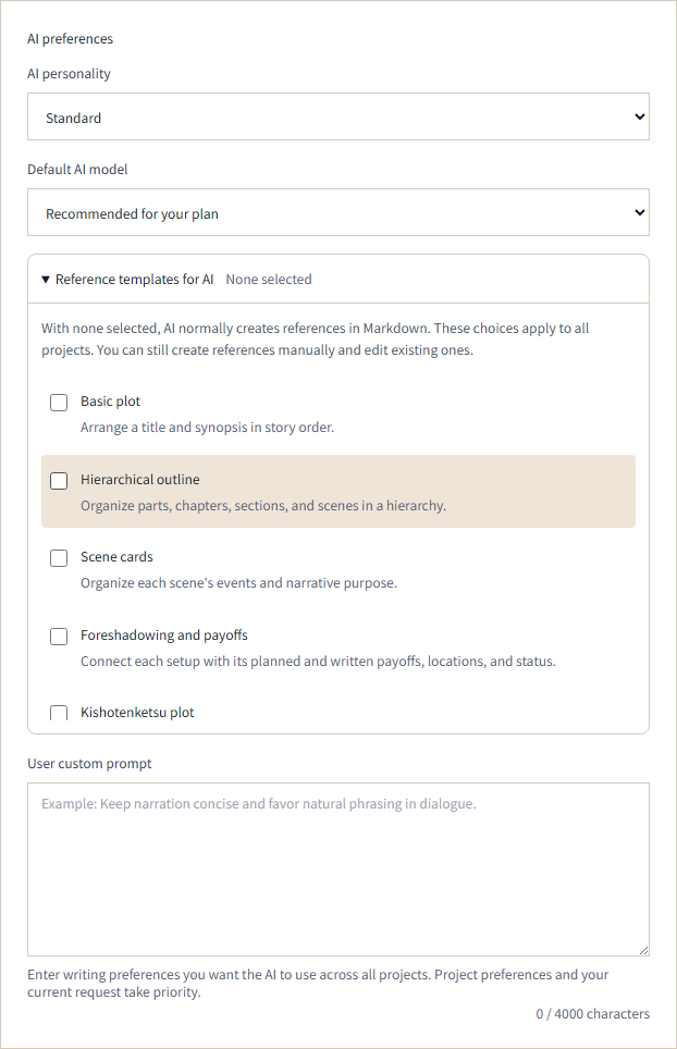 The web app's AI preferences with Reference templates for AI expanded. All options are initially unchecked.