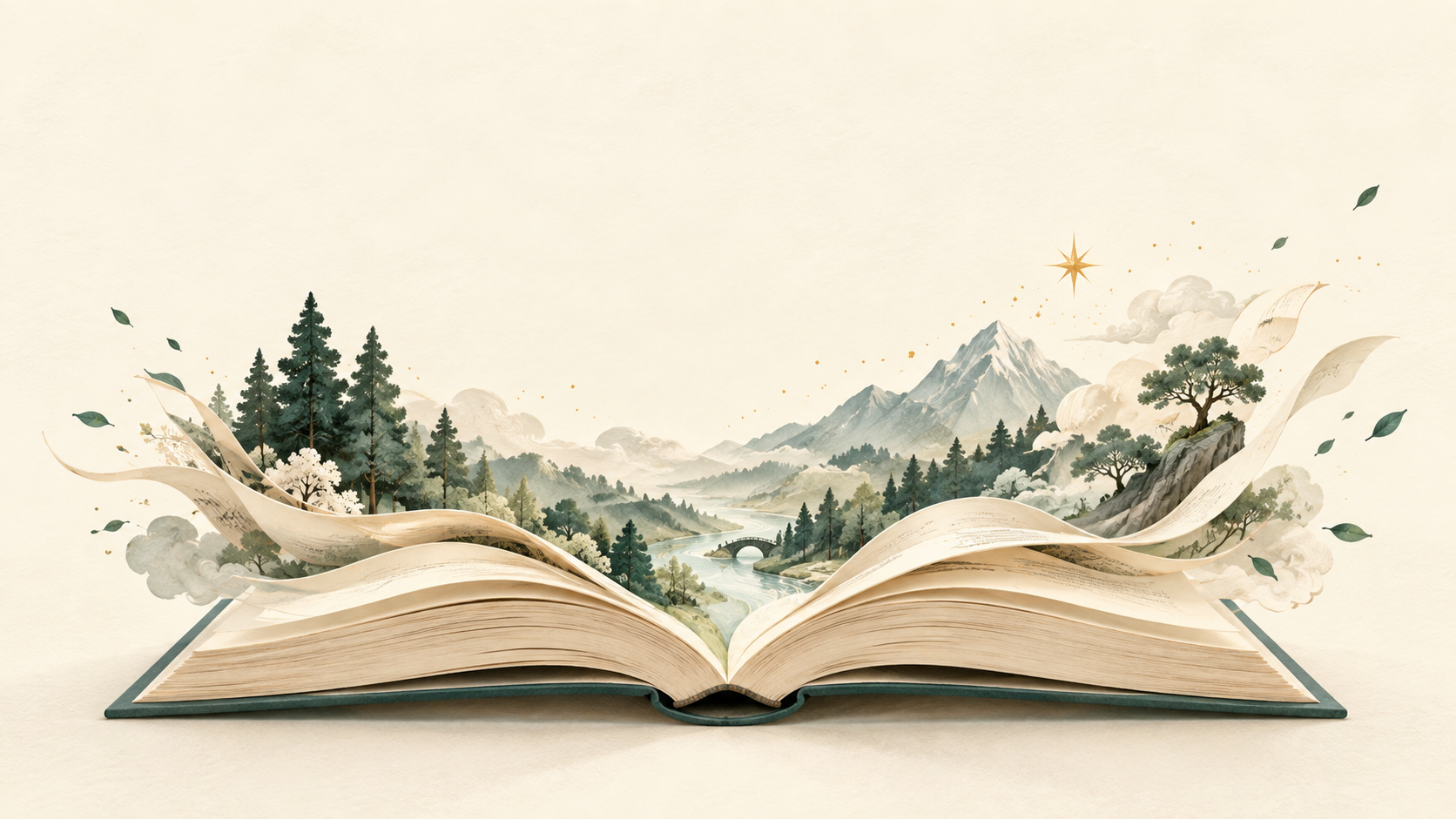 An open book unfolds into a forest and mountains, illustrating the beginning of a story