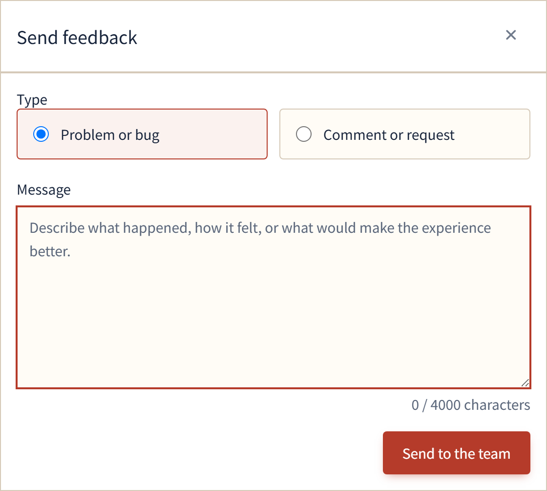 The web app's Send feedback form, showing the type options, message field, and Send to the team button