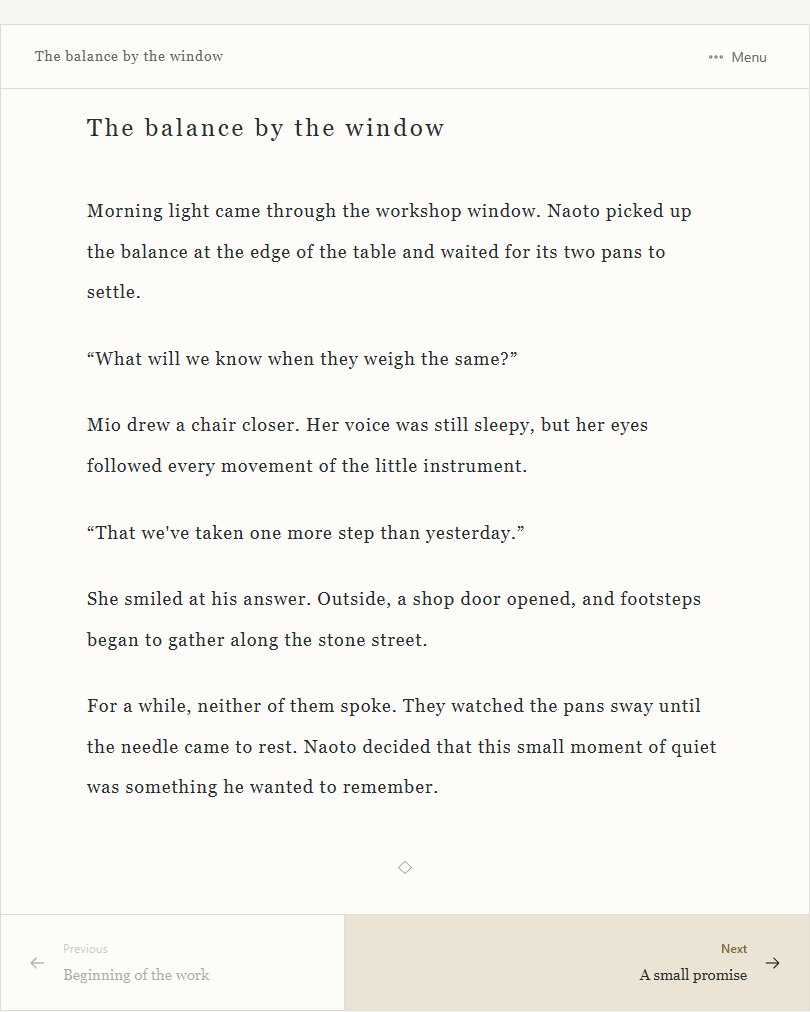 A shared work in the horizontal reader, showing the heading within the text and navigation to the next section.