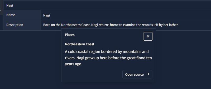 The web app showing a character description with a link to the Northeastern Coast and a preview of the place setting.