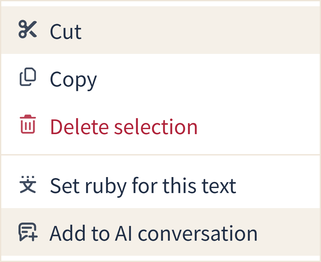 The web editor's text selection menu. Add to AI conversation has an icon combining a speech bubble containing text with a plus sign.